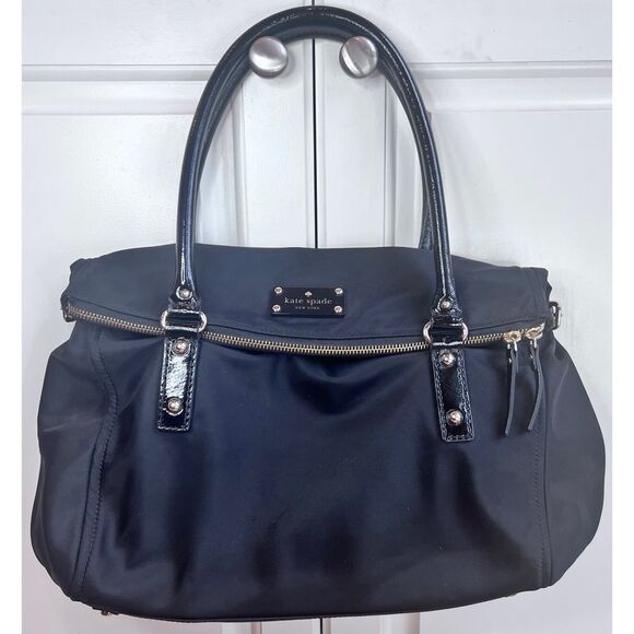 Kate Spade NY Black Nylon Purse Patent Leather Straps Carmen Fold Over Bag - Picture 16 of 16